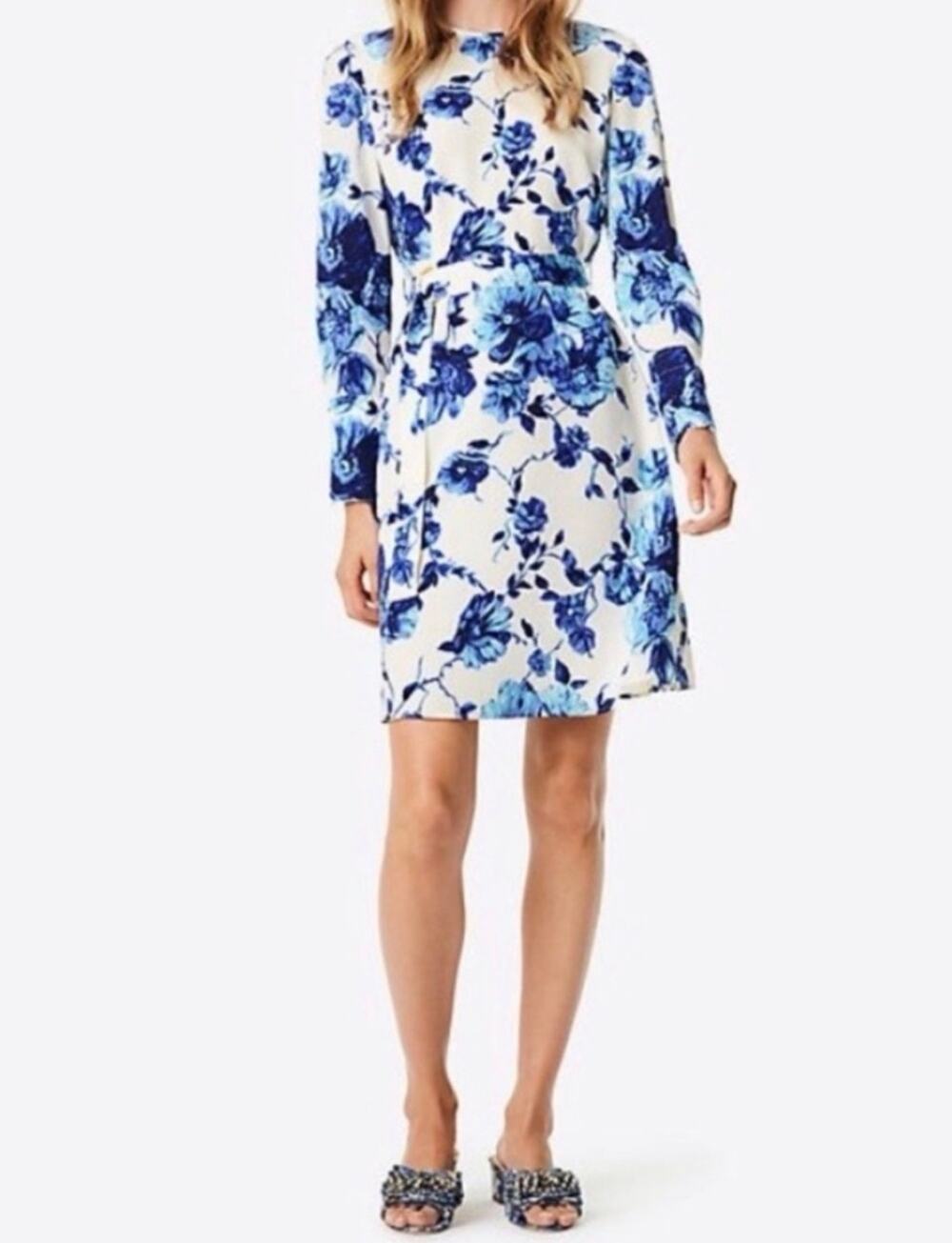 Tory Burch Giovanna Silk Dress Rosemont Floral Belted Blue White Size 2